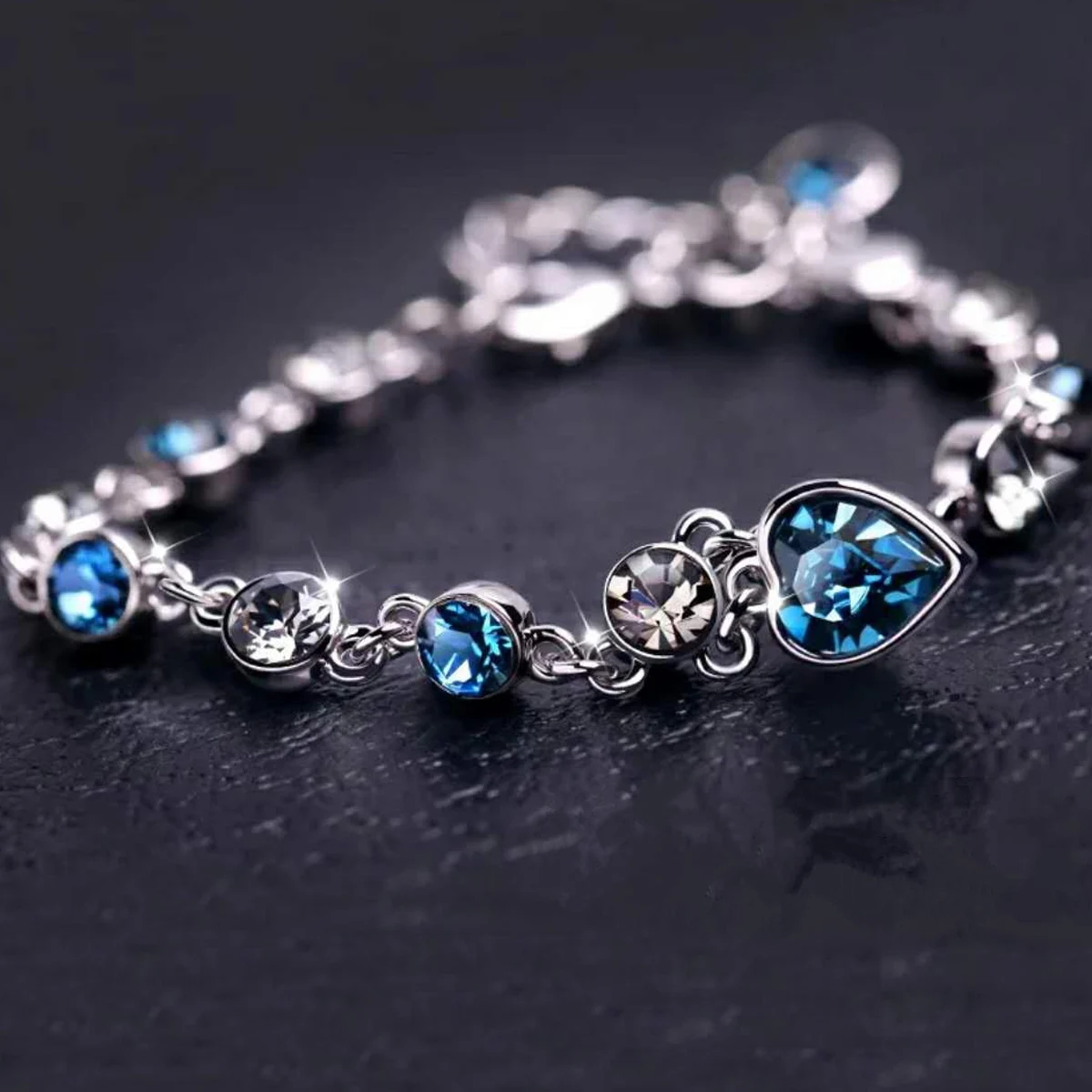 Women Silver Color Lucky Bracelet Female Blue Crystal Heart Charm Pulseras Bracelet Bridal Wedding Engagement Fine Jewelry Gift - Image 3