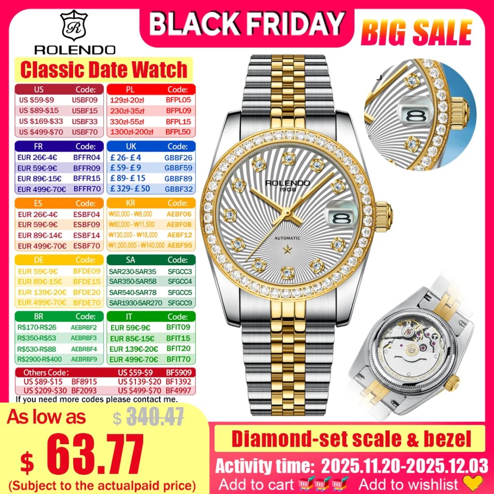 ROLENDO Classic Date Watches for Woman 32mm Sapphire Crystal 30ATM Butterfly Buckle Gold Luxury Diamond-set Automatic Wristwatch