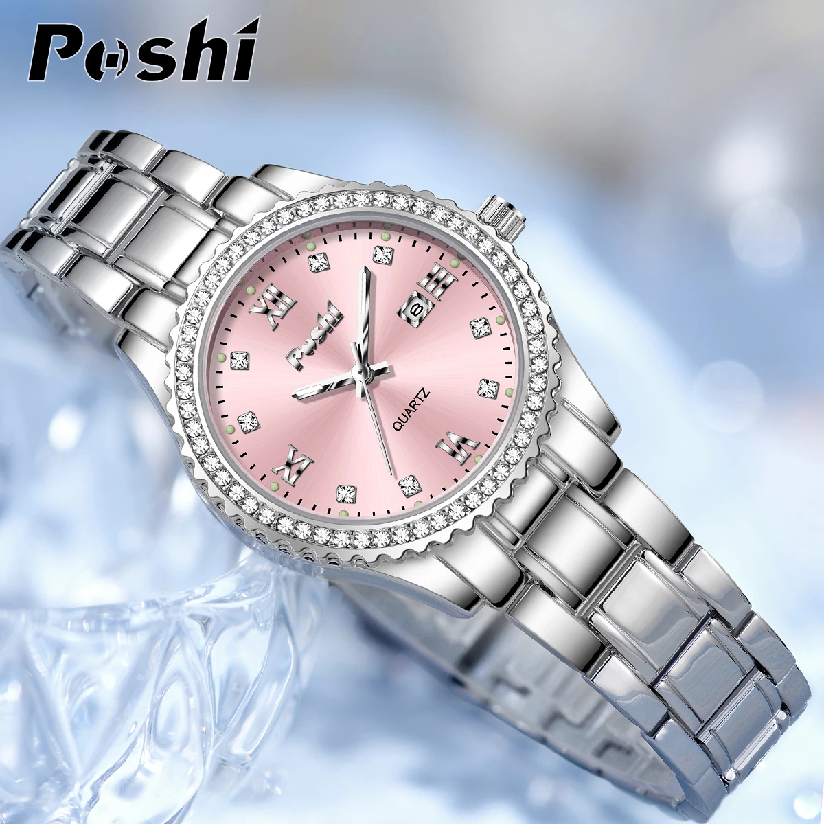 POSHI 990 Women Watch Elegant Business Quartz Wristwatch Pink Dial Lady Casuan Dress Bracelet With Date Display Original Clock - Image 3
