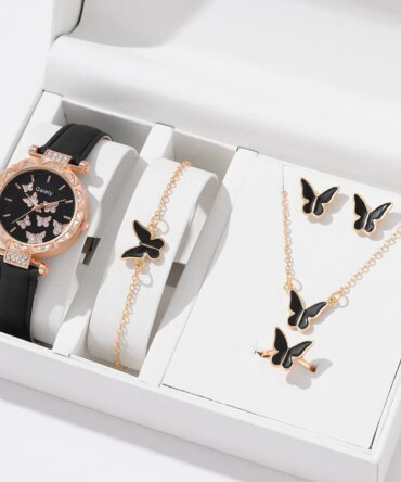 Women Watch Ring Necklace Earrings Bracelet Set Watches Butterfly Leather Strap Ladies Quartz WristWatch (No Box)