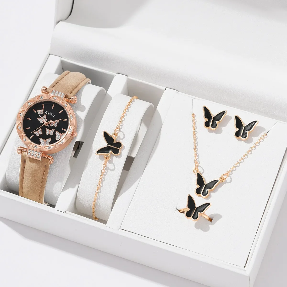 Women Watch Ring Necklace Earrings Bracelet Set Watches Butterfly Leather Strap Ladies Quartz WristWatch (No Box) - Image 4
