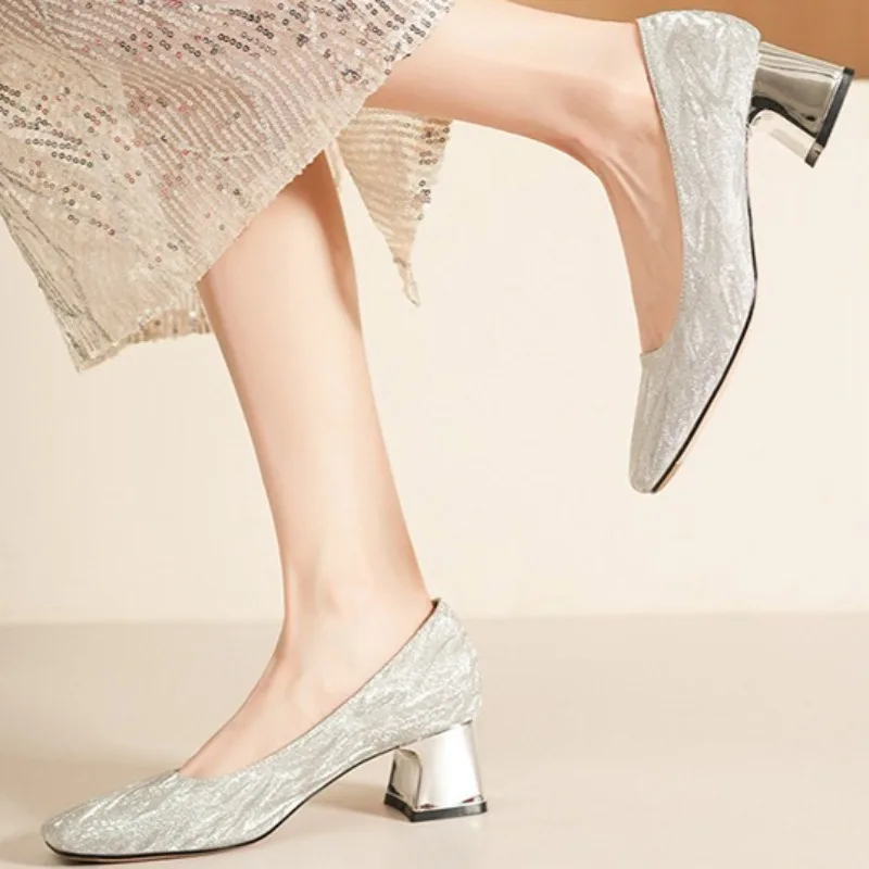 French High Heels Autumn 2025 New Temperament Square Toe Shallow Mouth Slip-on Block Heel Wedding Shoes - Image 6