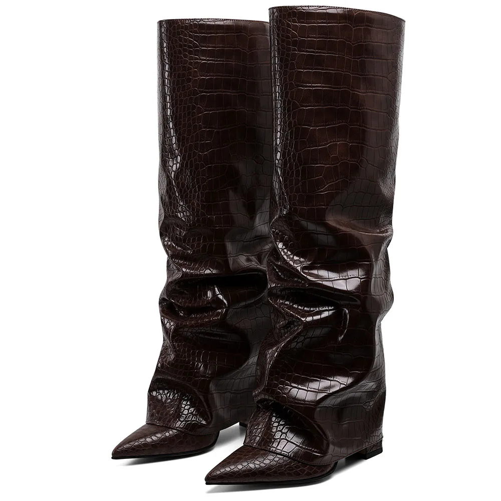 GIGIFOX Knee High Fashion Women Fold Over Boots Pleated Block High Heel Pointed Toe Shoes All-Match Street Snap Boots For Woman - Image 3