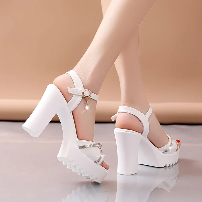 Sandals for Women One Word Summer 2024 Block Heel Ladies Shoes Wedge with Platform Waterproof Footwear Chunky Super-high Beige - Image 5