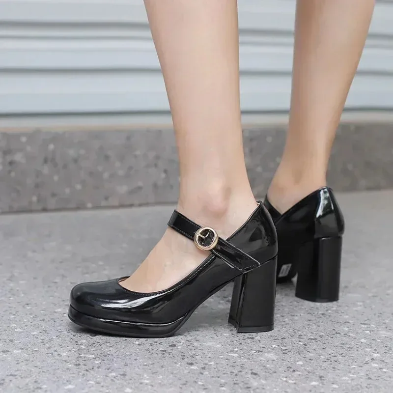 PU Patent Leather Green Navy Blue Closed Toe Mature Ladies Office Pumps Buckle Strap Vintage Women Mary Janes Shoes Block Heels - Image 4