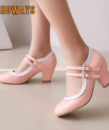 Pink Patent Leather Double Ankle Strap Mary Janes Women High Block Heels White Purple Bordered Sweet Dress Lady Round Toe Pumps