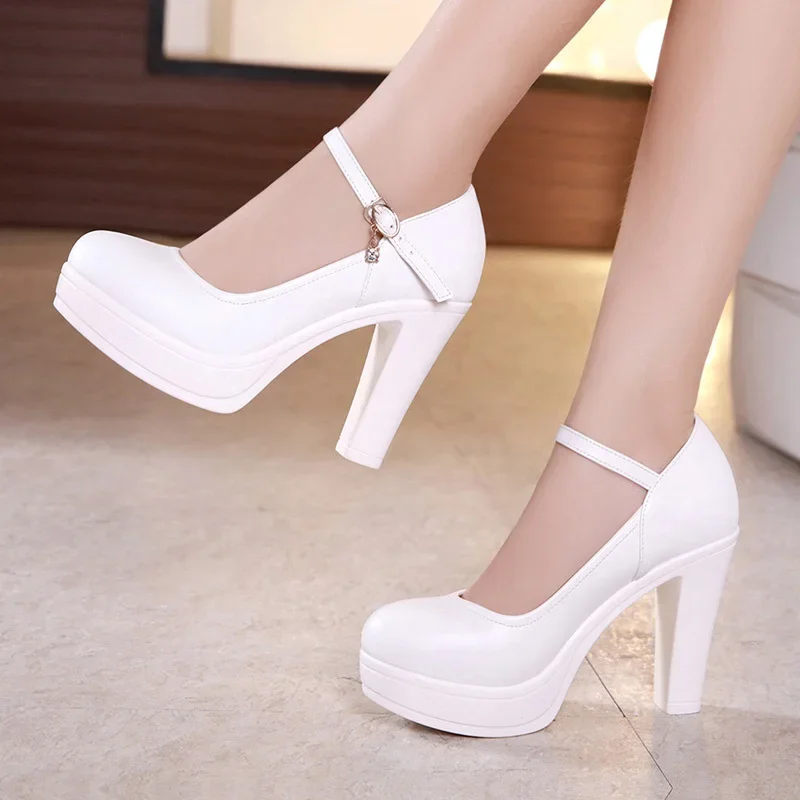 Small Size 32-43 Shallow Thick Bottom White Silver Wedding Shoes Bride Platform Pumps 2025 Block High Heels Shoes for Model Mom