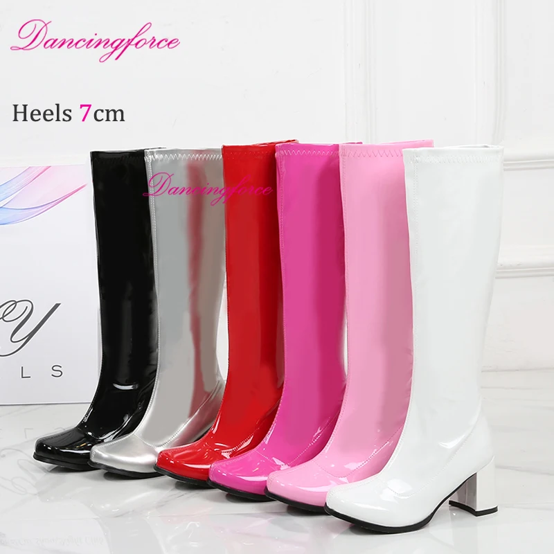 Red White Pink Patent Knee High Boots 60s 70s Go Go Boots Women Block Heels GoGo Halloween Party Dress Lady Shoes Square Toe