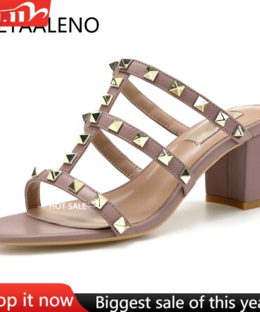【Measure your feet length before order】Gladiator Women Block High Heels Slide Sandals Rivet Fashion Party Dress Shoes 75-CHC-33