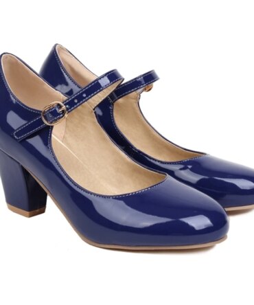 Women's Block High Heels Pumps Big Size 45 Lolita Mary Jane Shoes Elegant Black Red Pink Blue Heeled Office Wedding Shoes Ladies