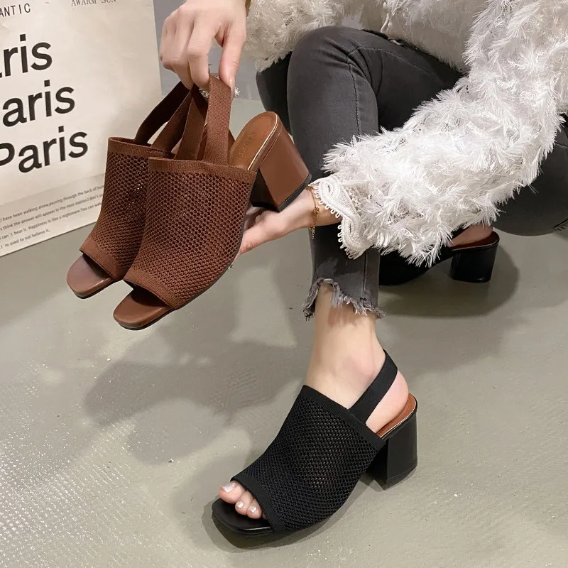 Summer 2025 New Plus Size High Heel Sandals Knitted Breathable Block Heel Sandals Fashion Brown Comfortable Women's Shoes - Image 3