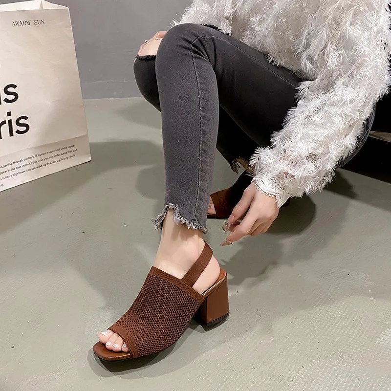 Summer 2025 New Plus Size High Heel Sandals Knitted Breathable Block Heel Sandals Fashion Brown Comfortable Women's Shoes - Image 6
