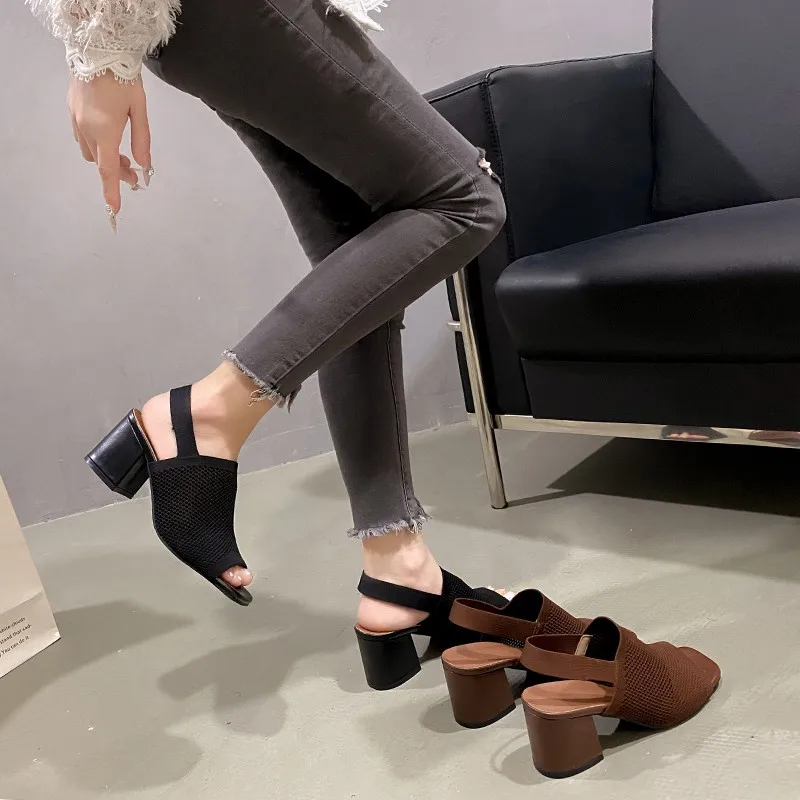 Summer 2025 New Plus Size High Heel Sandals Knitted Breathable Block Heel Sandals Fashion Brown Comfortable Women's Shoes - Image 5