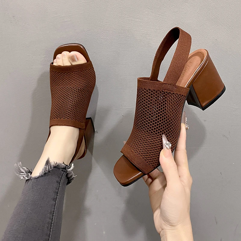 Summer 2025 New Plus Size High Heel Sandals Knitted Breathable Block Heel Sandals Fashion Brown Comfortable Women's Shoes