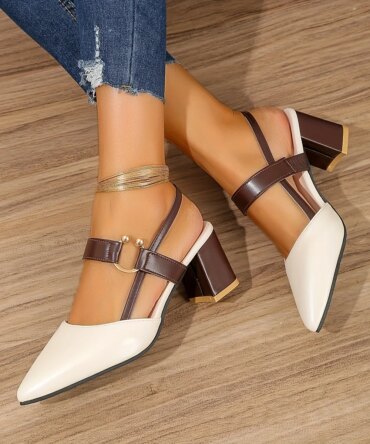 Women's Pointed Toe Block High Heel Sandals, Fashion Solid Color Slingback Shoes, Versatile Mid Heels