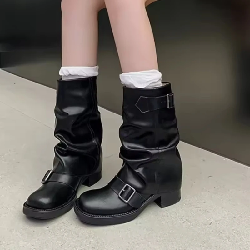 Luxury Women's Boots Slip on Female Mid-calf Boots Retro Biker Boots Fashion Block Heels Women Shoes Pu Leather Zapatos De Mujer - Image 4