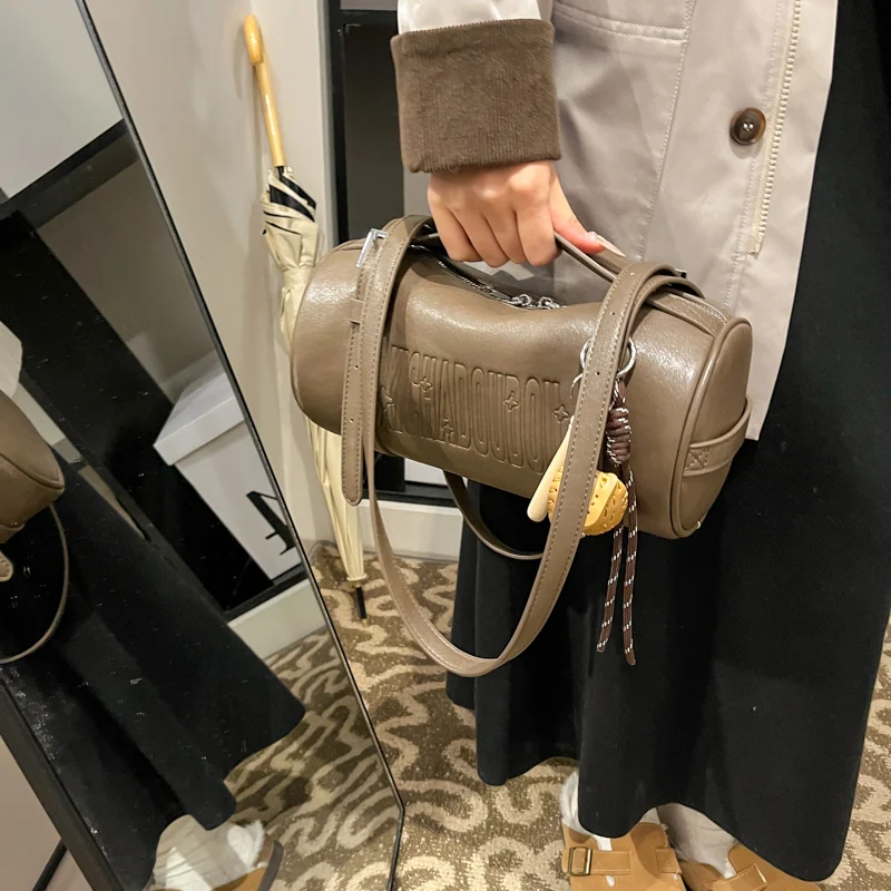 Multifunctional Cylinder Shaped Shoulder Bags For Women 2024 Winter Latest Designer Handbags Luxury Cross Body Bag With Pendant - Image 6