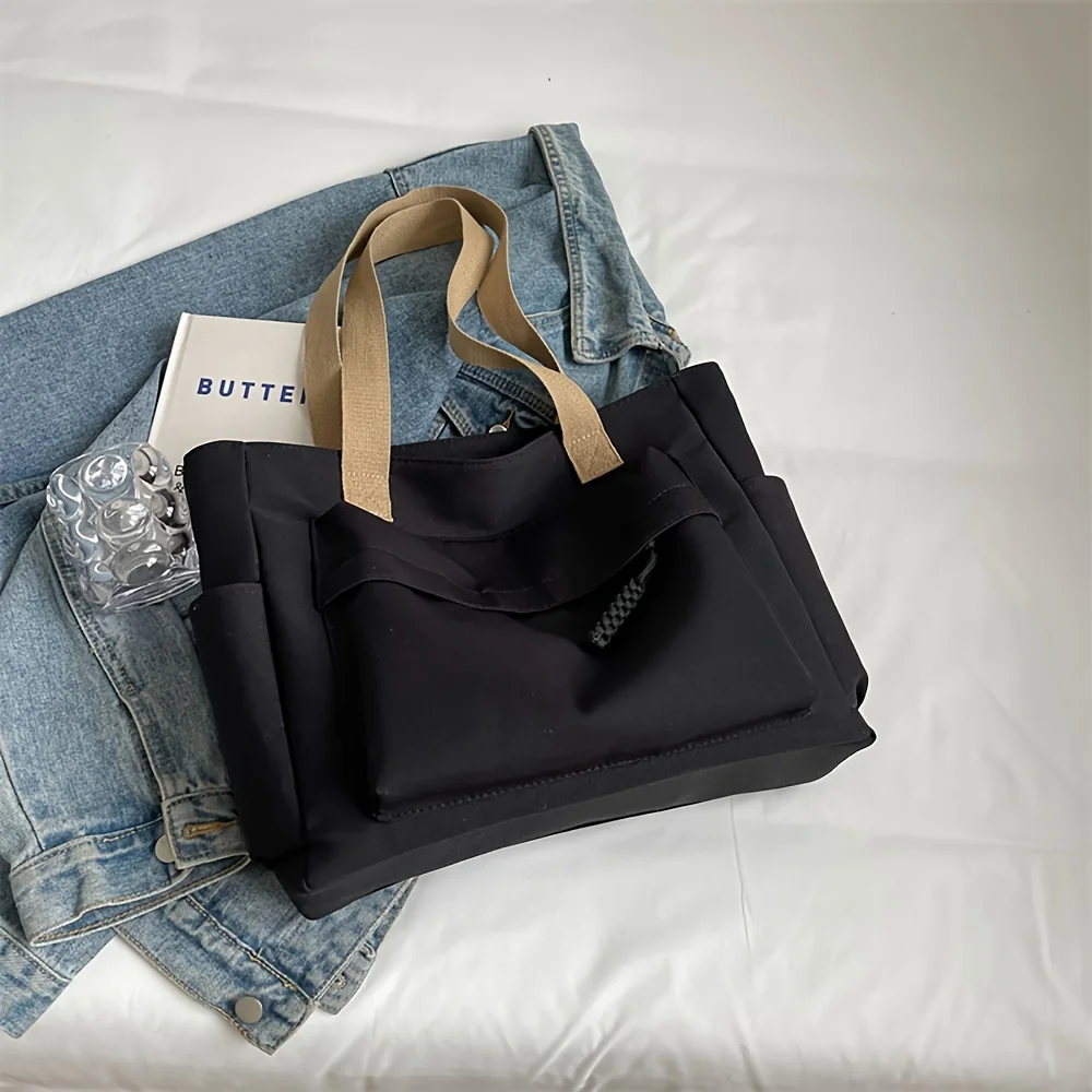 Nylon Tote Bag with Multiple Pocket Lightweight Foldable Design for Office Commute Shopping Fitness Storage Handbag Shoulder Bag - Image 6