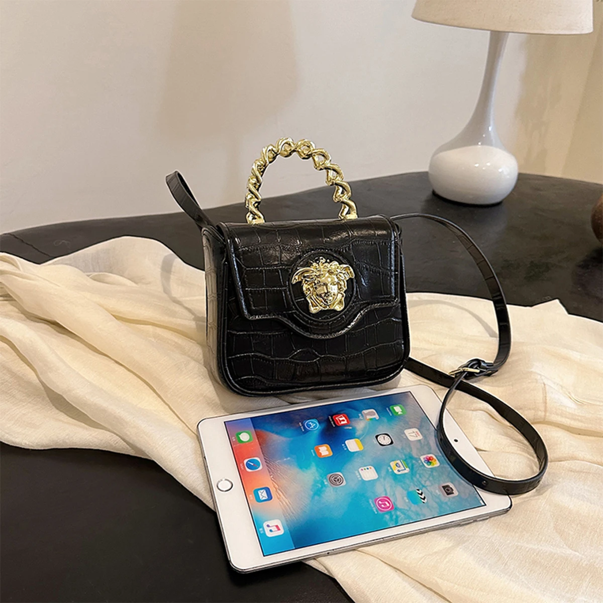 Mini Croc-Texture Crossbody Bag Gilded Medusa Logo PU Flap Magnetic Closure Chain Handle + Adjustable Strap for Daily Use - Image 3