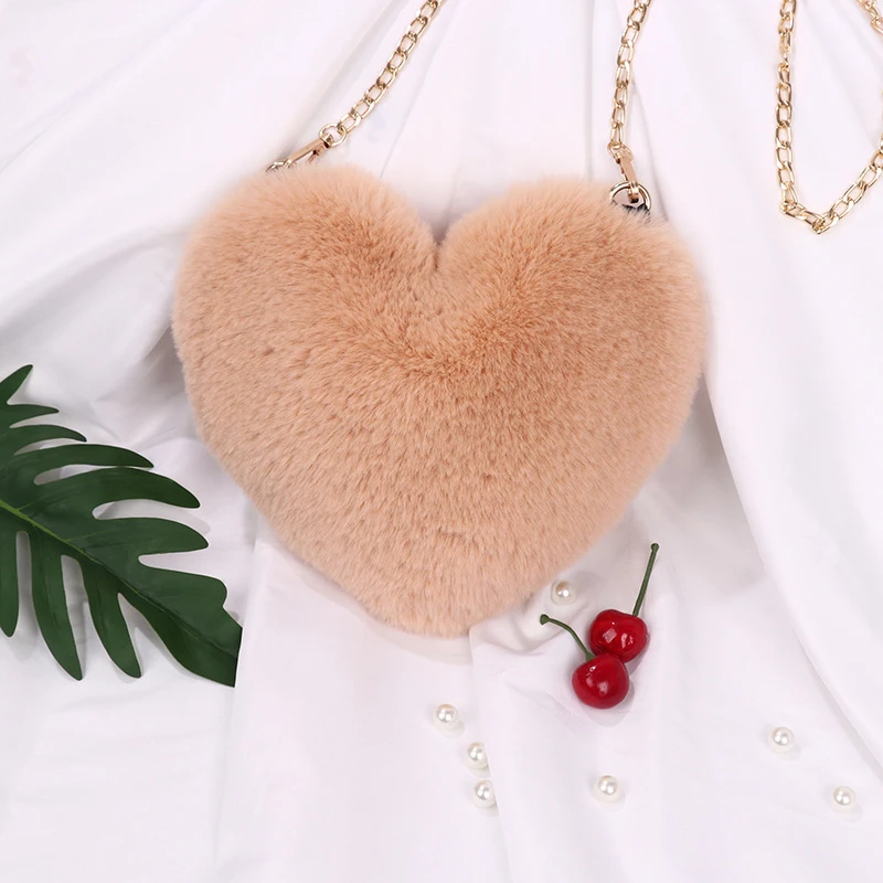 Love Bag New Valentine's Day Chain Plush Heart shaped Bag Female Diagonal Cross Bag Peach Heart shaped Love Small Bag Female - Image 4