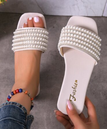Women's fashionable flat sandals with artificial pearl and rhinestone decoration slippers