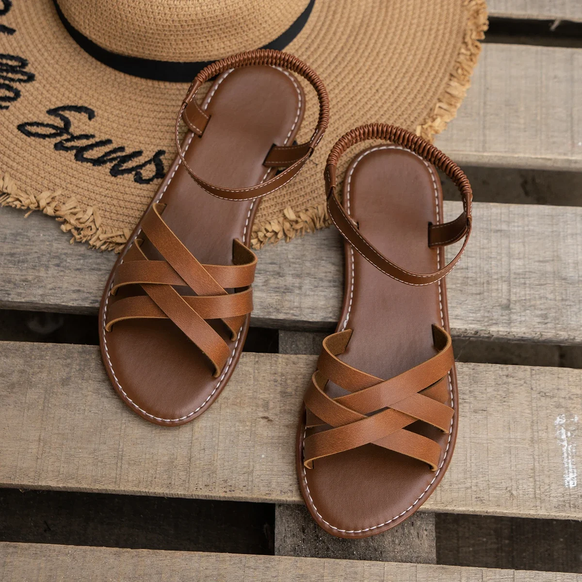 Shoes for Women 2025 Summer New Women Flat Sandals Bottom Roman Strap Sandals with Non Slip Rubber Soles Ladies Daily Sandalia - Image 2