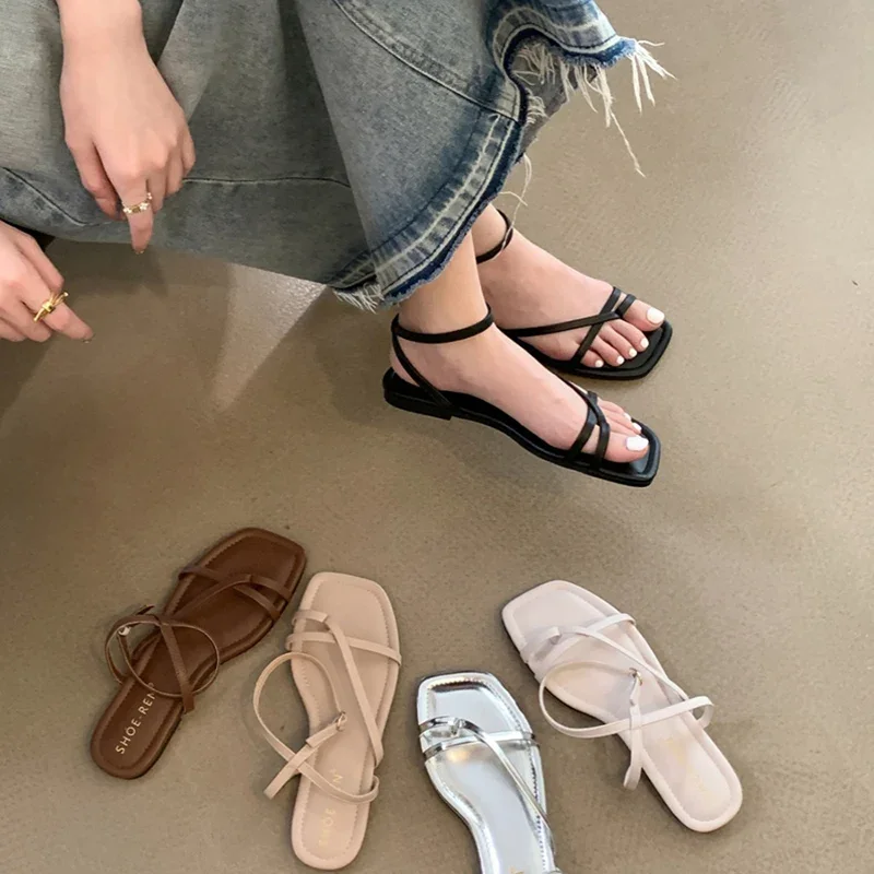Summer Gladiator Women Sandals Fashion Elegant Narrow Band Clip Toe Shoes Ladies Comfort Flats Beach Sandalias