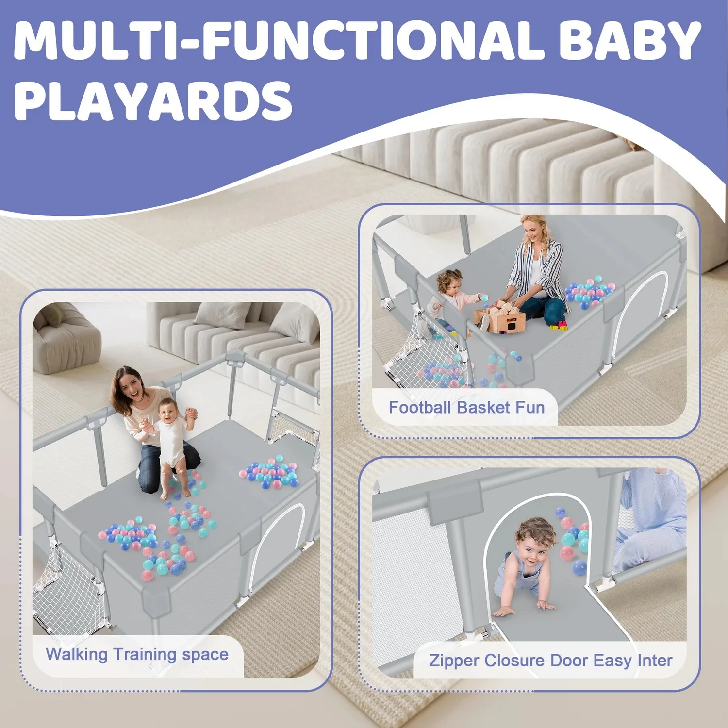 ANGDUO Baby Playpen Light Grey 71 Inch Large Baby Play Yard With Soft Breathable Mesh Safety Play Fence For Infant And Toddlers - Image 3