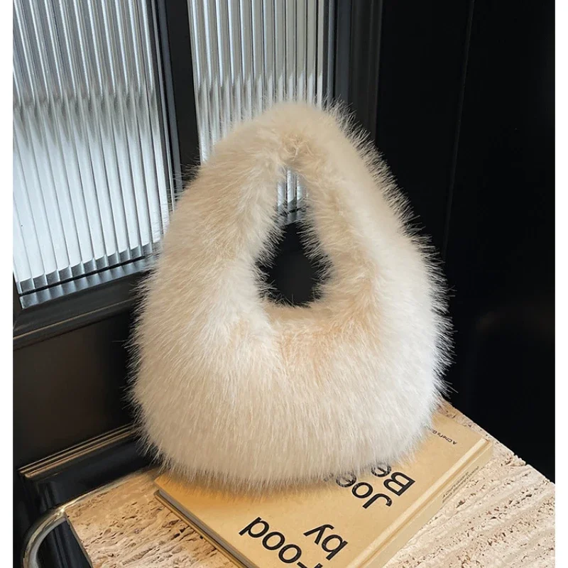 Solid Color Faux Fur Bag for Women Winter Soft Plush Handbags Ladies Small Elegant Tote Bags Fashion Trend Female Furry Purse - Image 4