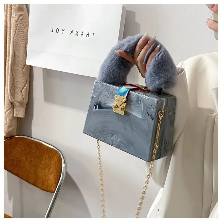 Faux Fur Top Handle Acrylic Party Box Clutch Fashion Purses and Handbags for Women Designer Evening Bag Chain Shoulder Bag - Image 3