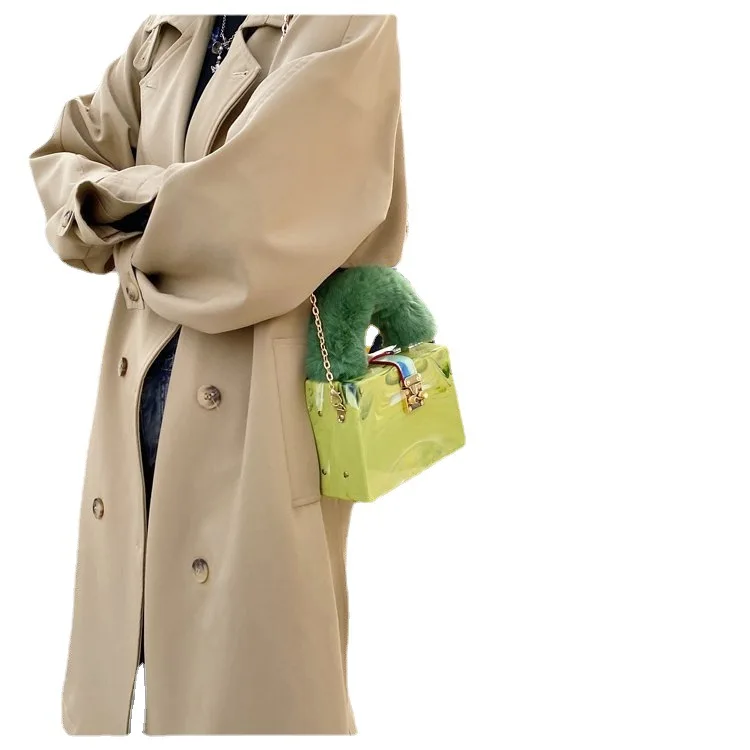 Faux Fur Top Handle Acrylic Party Box Clutch Fashion Purses and Handbags for Women Designer Evening Bag Chain Shoulder Bag - Image 4