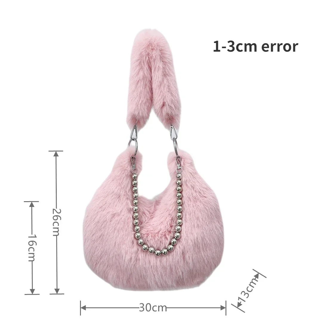 Faux Fur Women's Beaded Chain Underarm Bag Solid Color Plush Female Half Moon Shoulder Bags Winter Female Fluffy Hobos Handbags - Image 6
