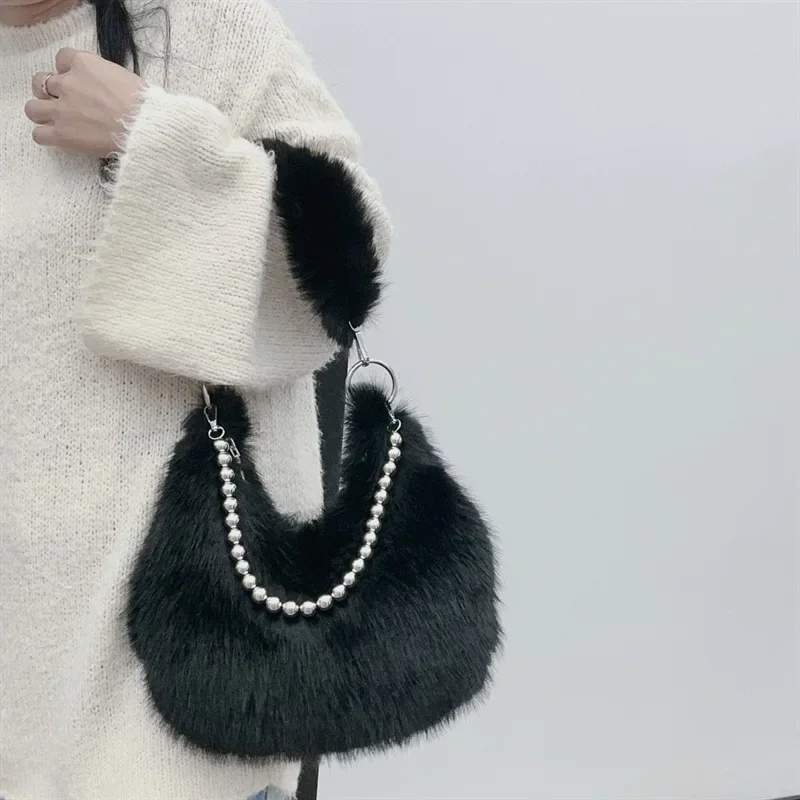 Faux Fur Women's Beaded Chain Underarm Bag Solid Color Plush Female Half Moon Shoulder Bags Winter Female Fluffy Hobos Handbags - Image 4
