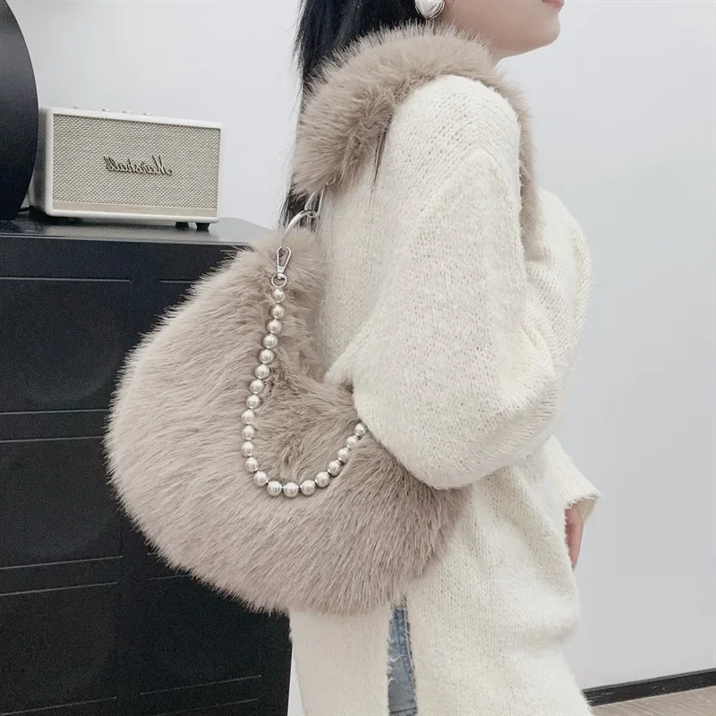 Faux Fur Women's Beaded Chain Underarm Bag Solid Color Plush Female Half Moon Shoulder Bags Winter Female Fluffy Hobos Handbags - Image 3
