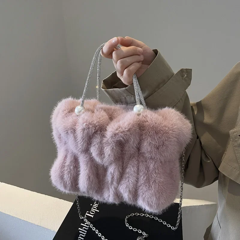 Soft Plush Evening Bags For Elegant Women Fur Dinner Party Clutch Chain Crossbody Winter Warm Luxury Designer Handbags - Image 3