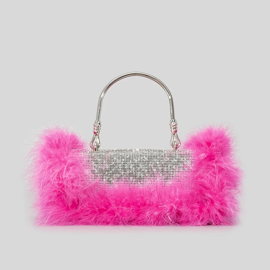Luxury Ostrich Feathers Diamonds Evening Bags Rhinestone Women Handbag Faux Fur Shoulder Crossbody Bag Glitter Party Small Purse - Image 4