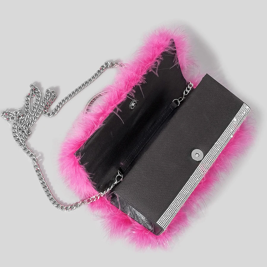 Luxury Ostrich Feathers Diamonds Evening Bags Rhinestone Women Handbag Faux Fur Shoulder Crossbody Bag Glitter Party Small Purse - Image 5