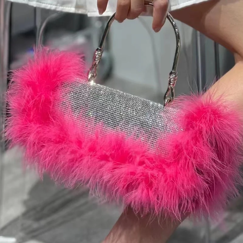 Luxury Ostrich Feathers Diamonds Evening Bags Rhinestone Women Handbag Faux Fur Shoulder Crossbody Bag Glitter Party Small Purse