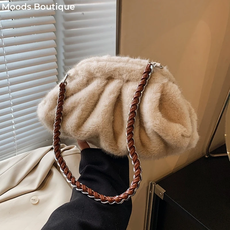 MOODS Pleated Design Faux Fur Shoulder Bags For Women 2024 Luxury Designer Purses And Handbags Winter Warm Soft Plush Hobo Bags