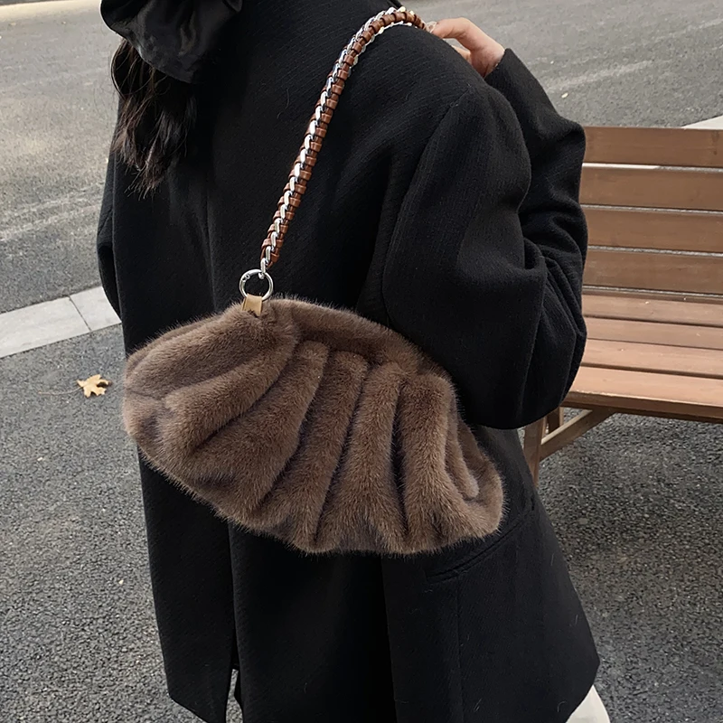 MOODS Pleated Design Faux Fur Shoulder Bags For Women 2024 Luxury Designer Purses And Handbags Winter Warm Soft Plush Hobo Bags - Image 4