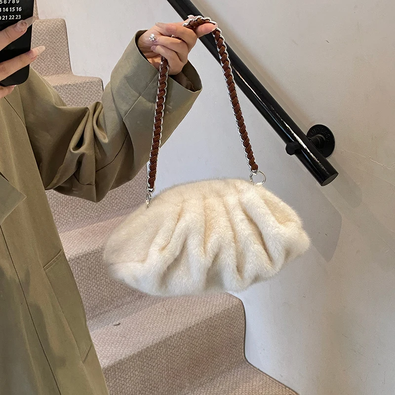 MOODS Pleated Design Faux Fur Shoulder Bags For Women 2024 Luxury Designer Purses And Handbags Winter Warm Soft Plush Hobo Bags - Image 6