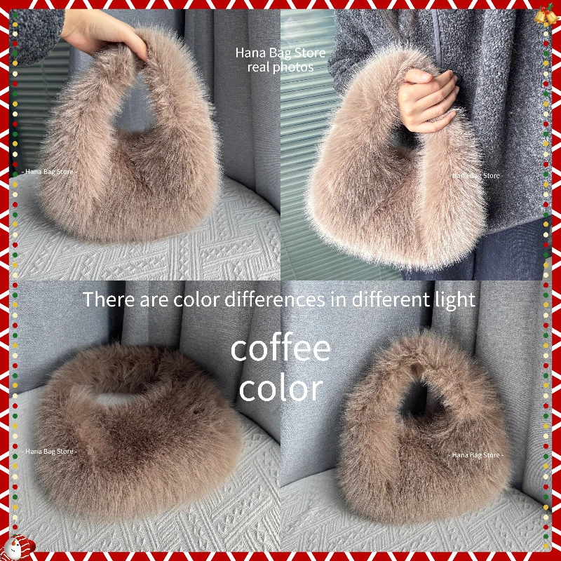 Winter Casual Furry Shoulder Bags for Women Solid Color Soft Plush Ladies Clutch Purse Handbags Lightweight Female Hobos Bag - Image 4