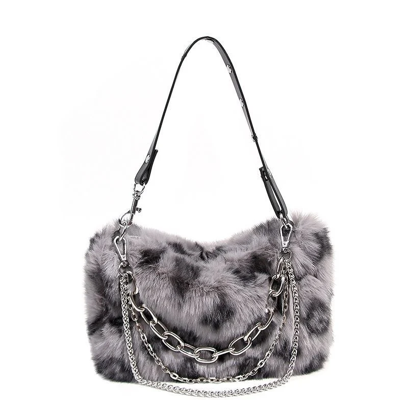 New Faux Fur Leopard Shoulder Bag Women's Autumn Winter Chain Handbags Ladies Leopard Print Clutch Purses Fluffy Top Handle Bags