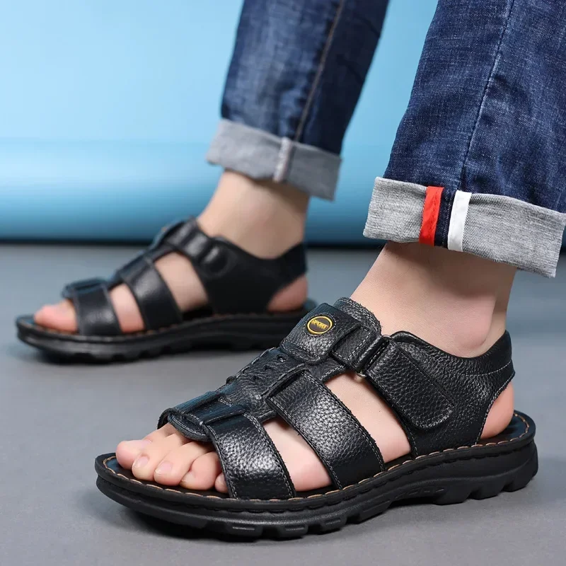 Genuine Leather Men Sandals High Quality Causal Shoes for Men Outdoor Non-slip Beach Shoes Fashion Designer Cowhide Men Slippers - Image 3