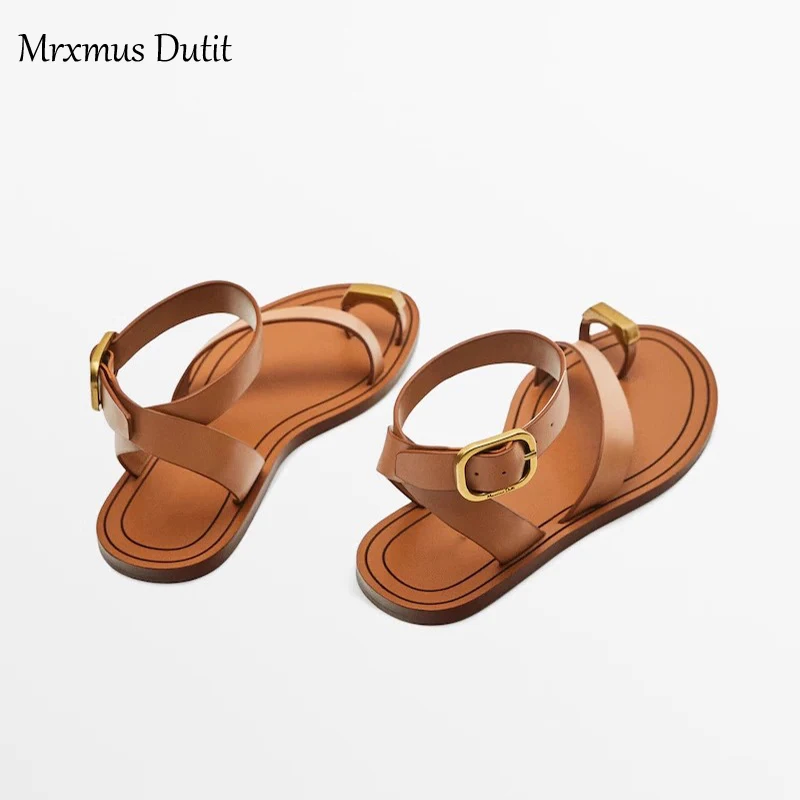 Mrxmus Dutit2023 Summer Fashion New Women Genuine Leather Flat Clip Toes Sandals Versatile Simple Casual Beach Shoes Female Chic - Image 5
