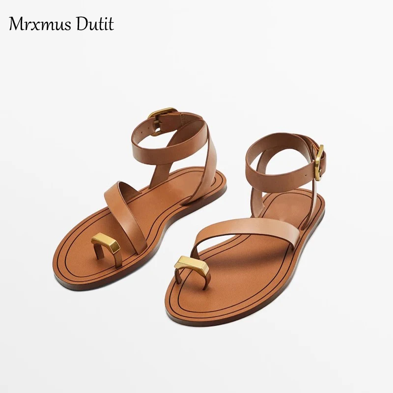 Mrxmus Dutit2023 Summer Fashion New Women Genuine Leather Flat Clip Toes Sandals Versatile Simple Casual Beach Shoes Female Chic - Image 4