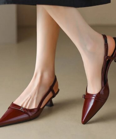 2024 New Summer Women's Dress Shoes Patent Leather Slip on Pointed Toe Sandals Buckle Slingbacks Mid Heels Pumps Sandalias Mujer