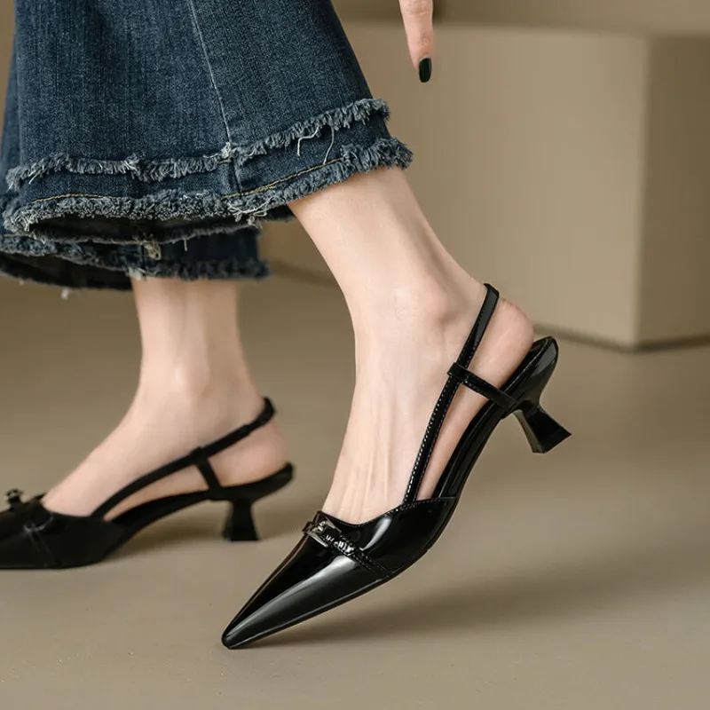 2024 New Summer Women's Dress Shoes Patent Leather Slip on Pointed Toe Sandals Buckle Slingbacks Mid Heels Pumps Sandalias Mujer - Image 4