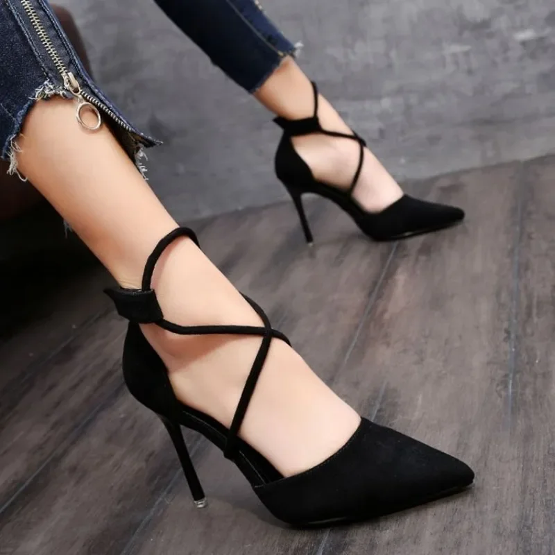 New Cross-strap Roman Sandals Suede High Heels Women's Shoes One-line Buckle Fine Heel Pointed Sandals Zaptos Mujer - Image 5