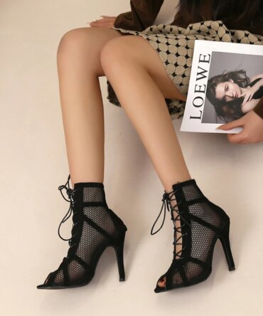 High Heels Hollow Mesh Sandals Women Summer Cross-tied Peep Toe Heeled Sandals Ankle Strap Dance Shoes Black Net Sandals